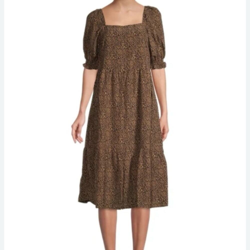 Saks Fifth Avenue WOMEN'S SQUARE NECK ELBOW-SLEEVE TIERED DRESS IN LEOPARD